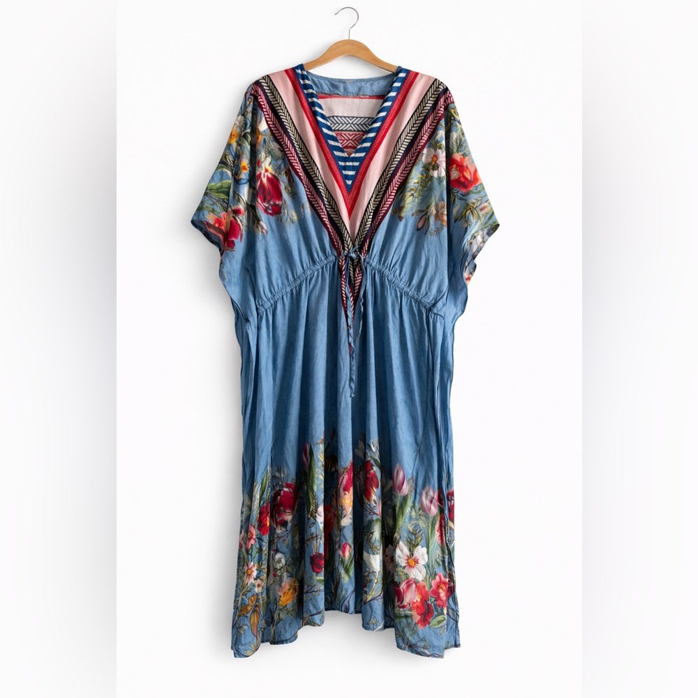 Anthropologie Blue Floral Caftan Dress with Pink & Red Accents